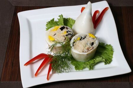 the rice salad, greens and seafoodの写真素材
