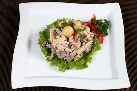 meat salad with mushrooms and greensの写真素材