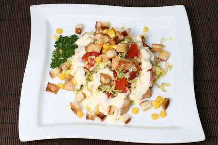 meat salad with vegetables and dried bread in mayonnaiseの写真素材