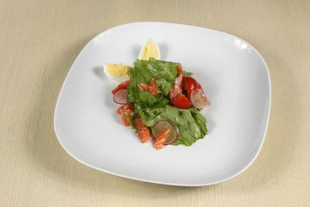 vegetable salad with salmon and eggの写真素材