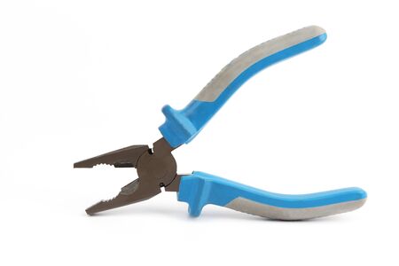 pliers with blue and grey handles on white backgroundの写真素材