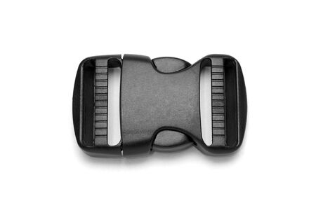black plastic Fastex clip for backpacks on a white backgroundの写真素材