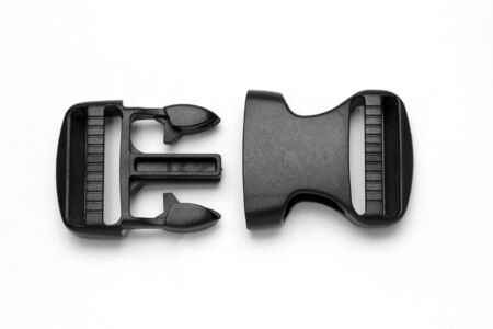 black plastic Fastex clip for backpacks on a white backgroundの写真素材