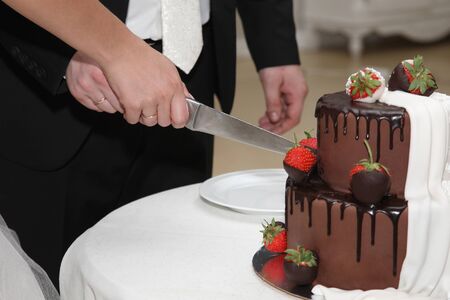 the bride and groom cut the cake