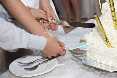 the bride and groom cut the cake