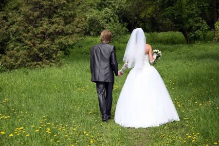 the bride and groom goes along the grassの写真素材