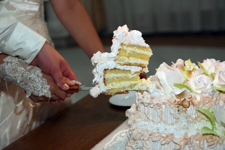 the bride and groom cut the wedding cake closeupの写真素材