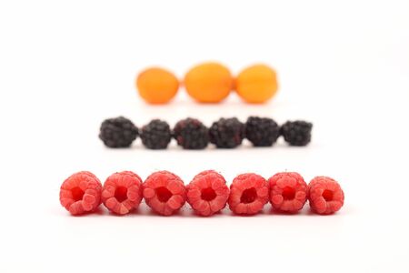 raspberry with other berries in rows on white background