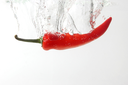 red chili pepper falling in waterの写真素材