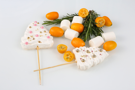 decorations of fruits and sweets for the cakeの写真素材