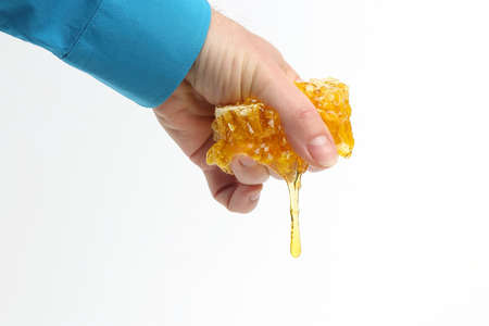 honey comb dripping with human hands on white background
の写真素材