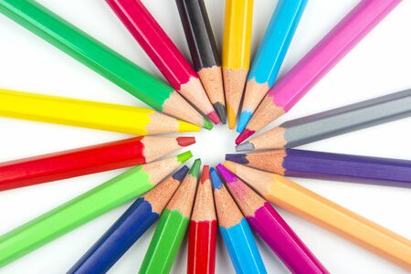 Colored pencils for drawing on a white background. Education and creativity. Leisure and artの写真素材