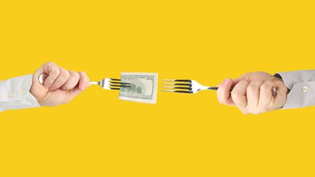 Men's hands with outstretched dollar bills. Business and Finance. Winner of the competition. Job...