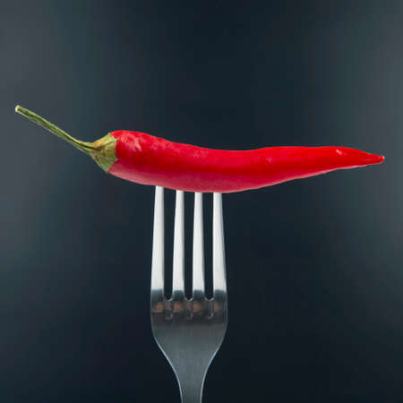 Red hot pepper with fork close-up on dark background. Healthy vegetable food and vitaminsの写真素材