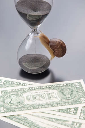 snail crawls on an hourglass against the background of money. speed and stability in increasing income. time for work and rest. financial business success. time investment targetの写真素材