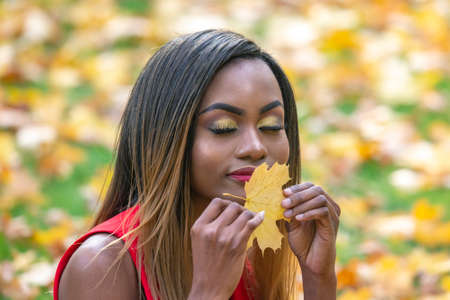 Beautiful young African girl with autumn leaf in her handsの写真素材