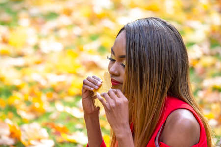 Beautiful young African girl with autumn leaf in her handsの写真素材