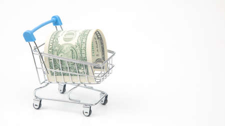dollars in a supermarket basket. buying food and goods. business for sale. saving purchasesの写真素材