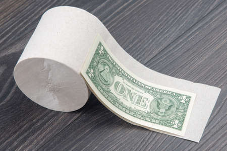 toilet paper with dollar bill on wooden backgroundの写真素材