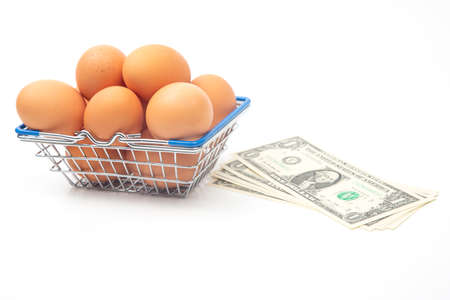 chicken eggs in a supermarket grocery basket and dollars on a white background. sale and business of food productsの写真素材