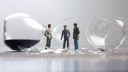 miniature people. figures people stand near the broken hourglass. business crisis. stop time processの写真素材