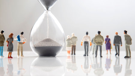 miniature people. different people are walking next to the hourglass on a white background. lifespan...