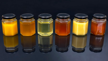 Hexagonal jars with different types and colors of fresh flower honey. vitamin food for health and...