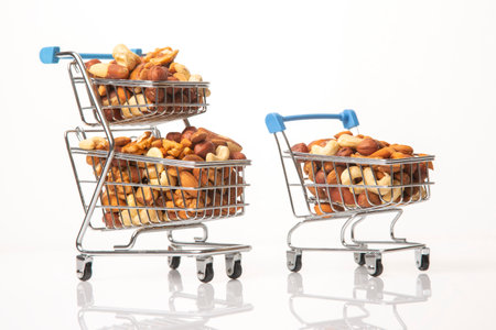 Various types of nuts in the grocery cart. Marketing sale of food products. Vitamin organic protein foodの写真素材