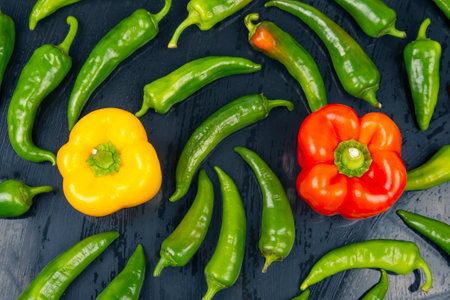 sweet and bitter hot peppers on a dark background. vitamin vegetables for health.