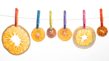 pieces of dried citrus fruits hang on clothespins on white backgroundの写真素材