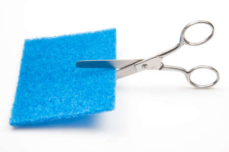 scissors cut out a sample of colored material on a white background