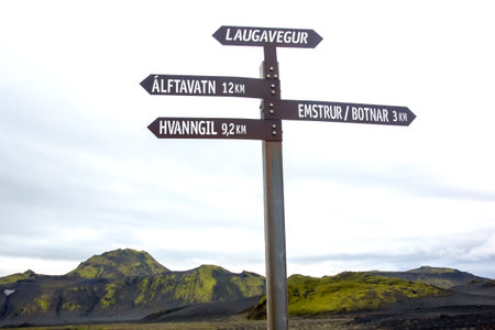 Camping signs on the Landmannalaugar and Laugavegur hiking trail. iceland. tourism and hiking.の写真素材