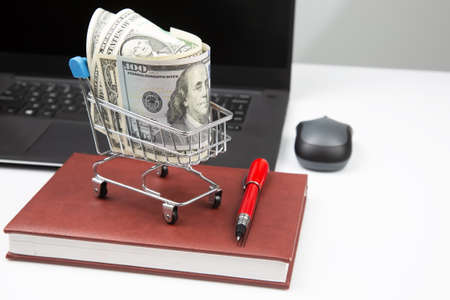 Model of a grocery cart with dollar money on the background of a laptop. Online business sale. financial business success.の写真素材