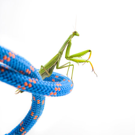 green praying mantis sits on a colored rope on a white background. insect predator. nature and...