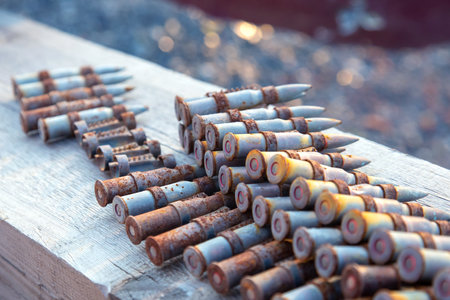 old rusty cartridges in a machine-gun belt. war in Ukraine. military ammunitionの写真素材