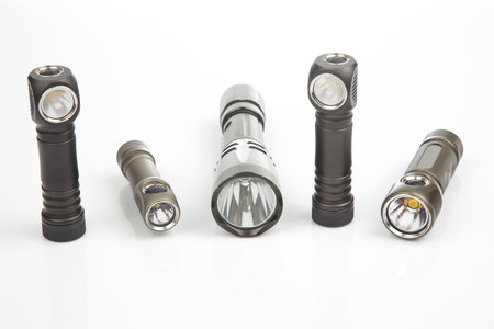 different lanterns flashlight on a white background. item for camping and household life.の写真素材