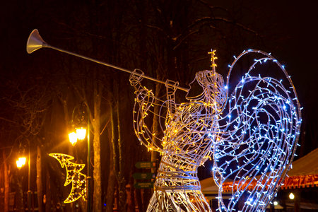 Christmas decorative light garland in the parkの写真素材