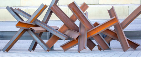 anti-tank barriers on a city street in Ukraineの写真素材