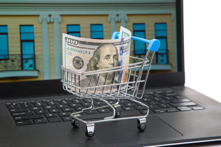 Model of a grocery cart with dollar money on the background of a laptop. Online business sale. financial business success.の写真素材