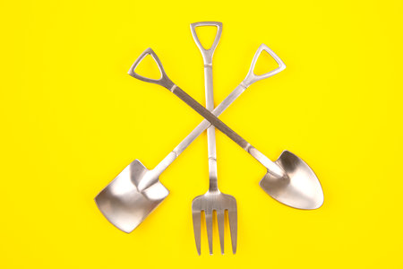 decorative fork and spoons in the form of spades on a colored background. food tools.の写真素材
