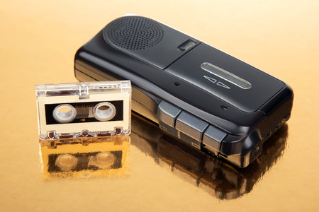 Audio recorder with microcassette. device for working with voice and journalism. analog audio recording.の写真素材