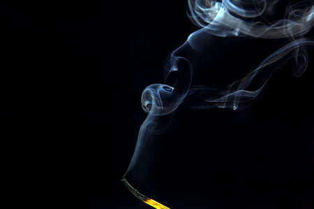 Extinct and fuming wooden match on a dark background close-up. smoke from a burning tree.の写真素材