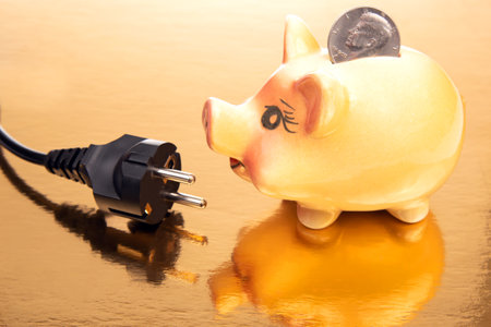 piggy bank and an electric cable plug. Saving electricity. energy saving conceptの写真素材