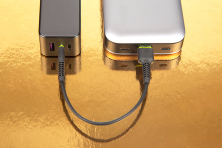 Power bank and charging plug with cable on a golden background. Electronic devices for charging...