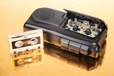 Audio recorder with microcassette. device for working with voice and journalism. analog audio recording.の写真素材