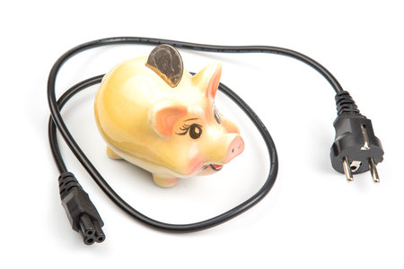 piggy bank and an electric cable plug. Saving electricity. energy saving conceptの写真素材