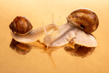Snails on a golden mirror background. Animal world in nature.の写真素材