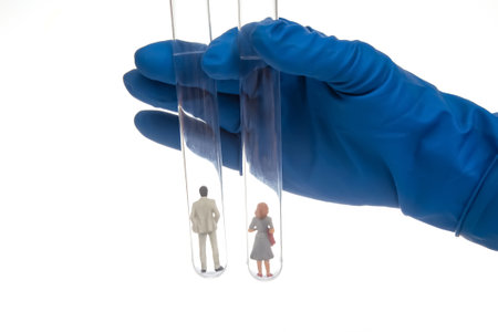 Miniature people. man and woman isolated in vitro. concept of isolation in societyの写真素材