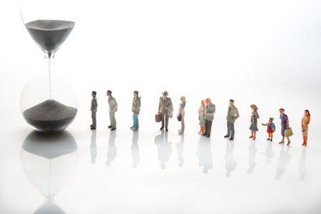 miniature people. group of different people stand near an hourglass against a white background. concept of people life time in society.の写真素材
