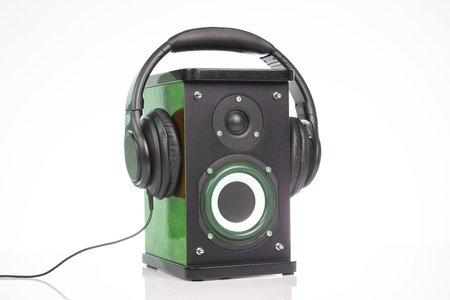 audio speakers and headphones on a white background. sound and mediaの写真素材